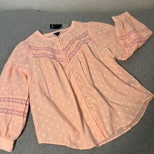 Torrid Pink Dot Top Shirt Size 2X Boho Peasant Lace Button Front Longsleeve